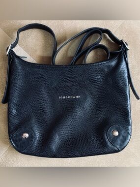 LONGCHAMP Black Quadri Textured Leather Crossbody Bag